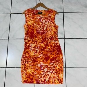 🔥 Guess; Fiery Orange and Pink Red Sleeveless Ruched D…